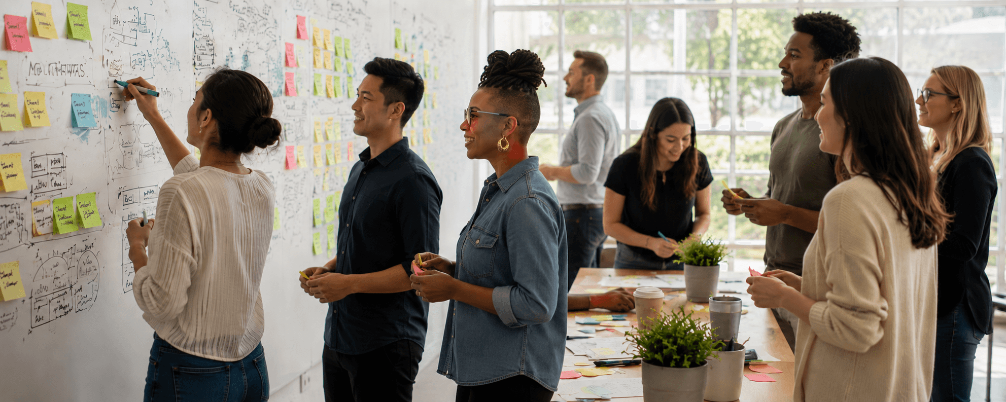 A team collaborating around a whiteboard covered in sticky notes during an Innovation Lab